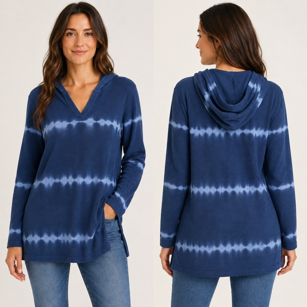 J.Jill Blue Tie Dye Waffle Knit Hooded Tunic Top Side Slit Womens Medium